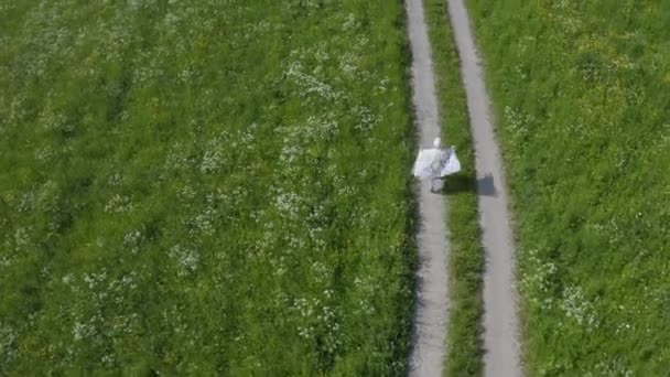 Pojken Går Med Olympisk Flagga Genom Fältet Fågelperspektiv — Stockvideo
