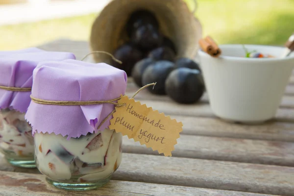 Yogur casero con trozos de ciruelas en el vaso —  Fotos de Stock