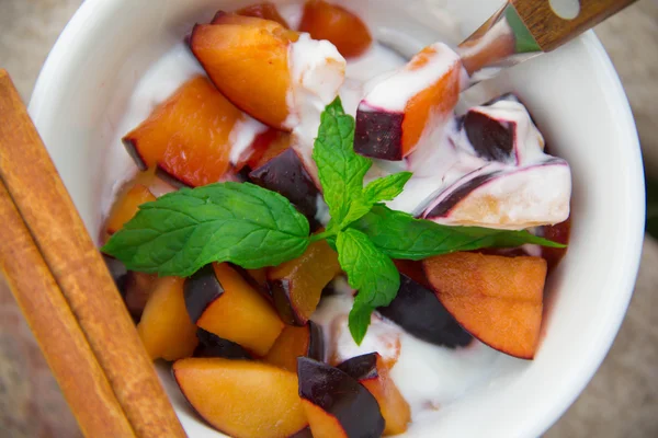 Homemade yogurt with pieces of plums in the white dish — Stock Photo, Image