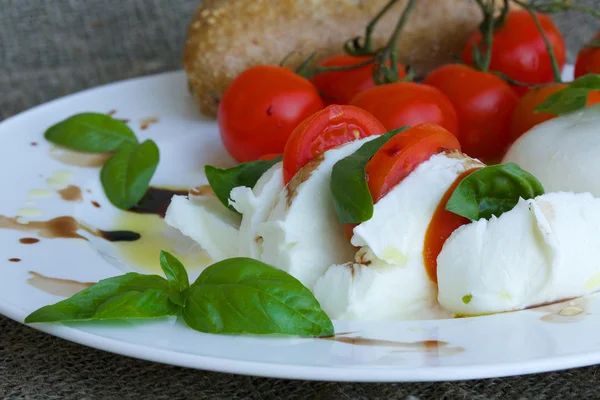 Buffalo mozzarella with cherry tomatoes on a twig — Stock Photo, Image