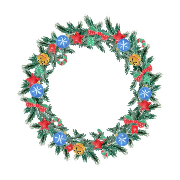 Süslü Noel çelengi, suluboya çizilmiş. Tebrik kartı tasarımı. Yeni yıl elementi. Vektör illüstrasyonu.