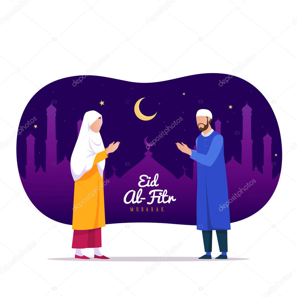 Happy eid mubarak, ramadan mubarak greeting concept with people character illustration