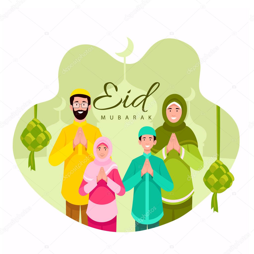 PrintHappy eid mubarak, ramadan mubarak greeting concept with people character illustration
