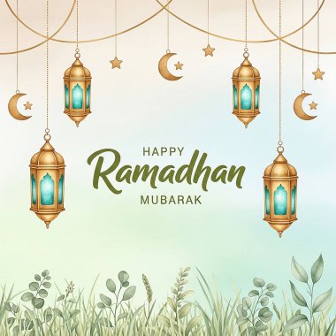 Altın Fenerli Zarif Ramazan Mübarek tebrik kartı ve Suluboya Doğa Arkaplanı