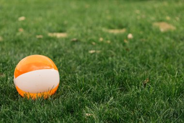 Parkta yeşil çimlerin üzerinde turuncu ve beyaz top, yaklaş.