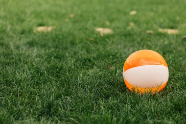 Parkta yeşil çimlerin üzerinde turuncu ve beyaz top, yaklaş.