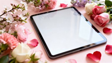 Pembe güllü tablet bilgisayar ve pembe arka planda leylak çiçekleri