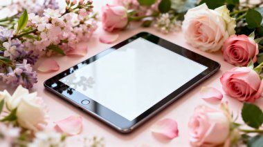 Pembe güllü tablet bilgisayar ve pembe arka planda leylak çiçekleri