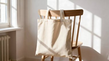 Pencere Gölgeli Tahta Sandalyede Bej Kanvas Taşıma Çantası