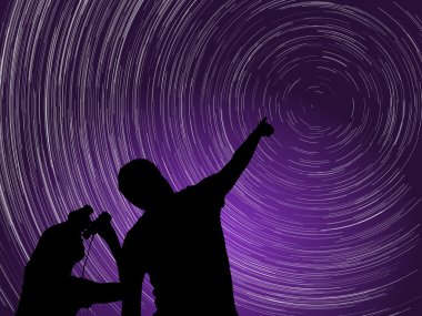 Adam ve çocuk gece gökyüzü gözlem. Polaris yıldız ve mor aurora etrafında Startrails. Vektör çizim.