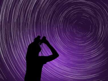 Gece gökyüzü gözlem adam silüeti. Polaris yıldız ve aurora etrafında Startrails. Vektör çizim.