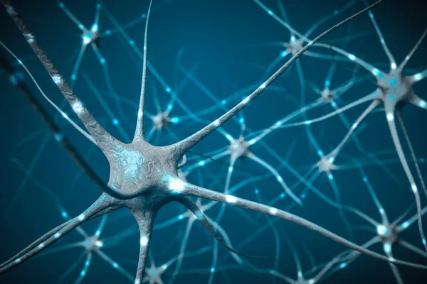 Signale in Neuronen im Gehirn, 3D-Darstellung neuronaler Netzwerke. — Stockfoto