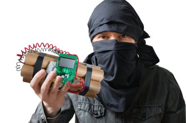 Terörizm kavramı. Terörist tutar bomba elinde dinamit. Beyaz arka plan üzerinde izole.