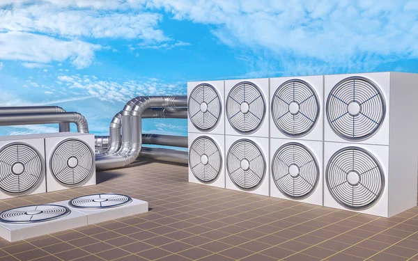 Çatı HVAC (Isıtma, havalandırma, Klima) birimler. 3D çizim