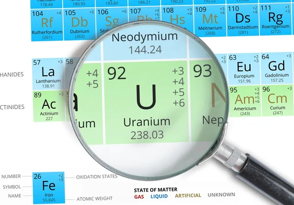 Символ урану - U. Елемент періодичної таблиці збільшений зі збільшувальним склом — стокове фото