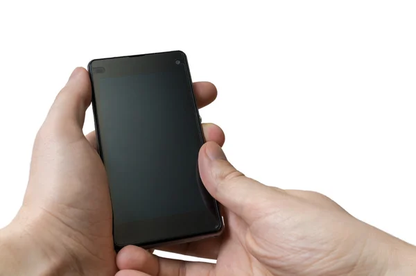 La mano sostiene el teléfono inteligente en la mano. Aislado sobre fondo blanco . — Foto de Stock