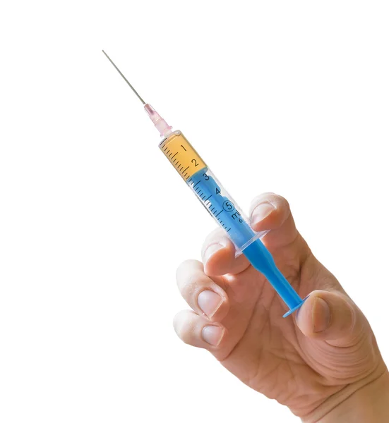 Mão segura seringa. Conceito de vacinação. Isolado sobre fundo branco — Fotografia de Stock