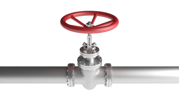 Red valve and metallic pipeline isolated on white background. 3D rendered illustration. — Stock Photo, Image