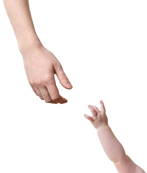 Les mains du père et du bébé s'étirent l'une vers l'autre. Isolé sur fond blanc . — Photo