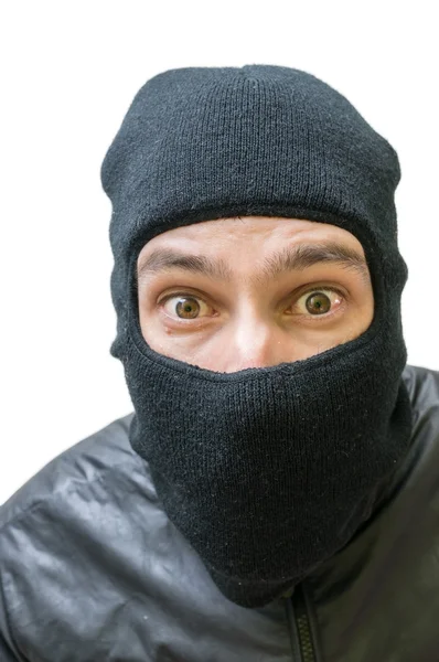 Ansikte av inbrottstjuv maskeras med balaclava. Isolerad på vit bakgrund — Stockfoto