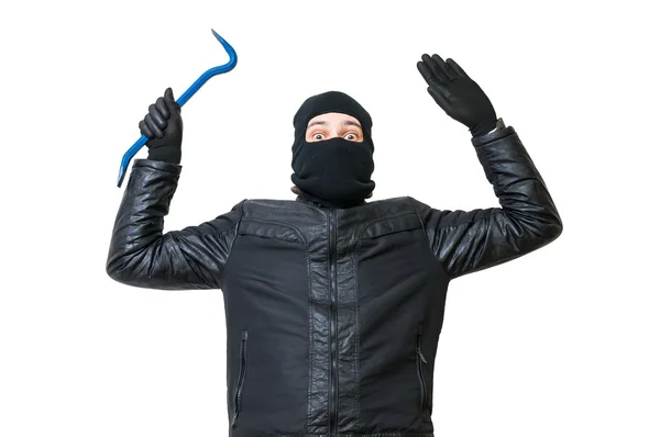 Burglar or thief is putting hands up. Arrested robber is giving up. Isolated on white background. — Stock Photo, Image