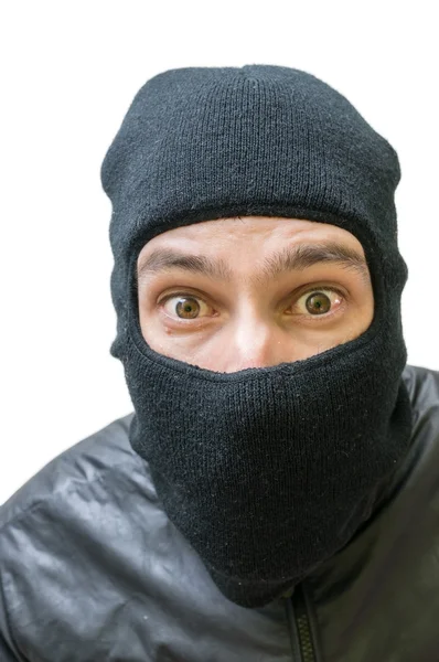 Face of burglar masked with balaclava. Isolated on white background Stock Image