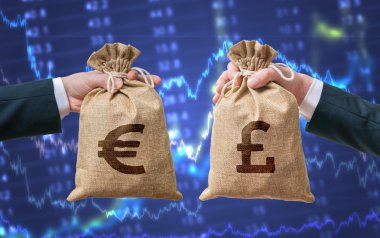 Döviz kuru kavramı. Eller para dolu çanta tutar - İngiliz sterlini ve Euro.