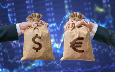 Döviz birimi kavramı. Eller para dolu çanta tutar - Dolar ve Euro.