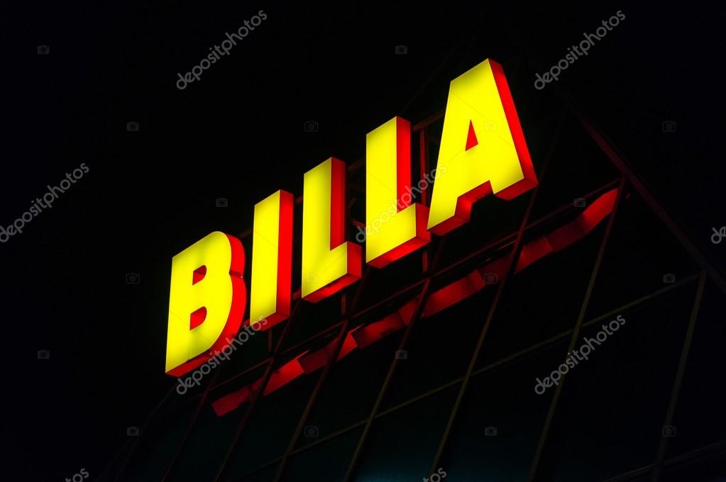 European supermarket Billa logo at night. November 8th, 2013. Prague, Czech Republic.