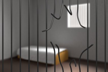 Mahkum cezaevinden kaçtı. Bükülmüş çubuklar hapiste. 3D render illüstrasyon.