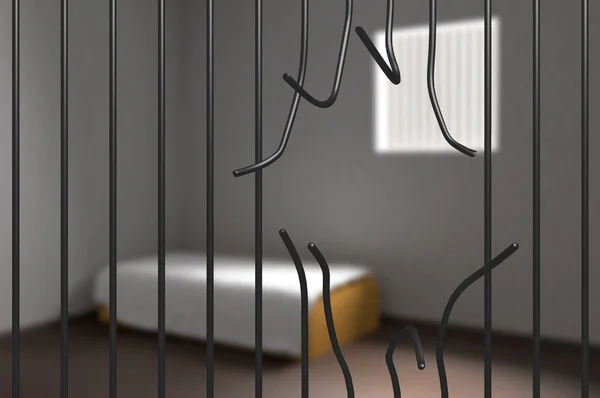 Un prisonnier s'est échappé de prison. Des bars tordus en prison. Illustration 3D . — Photo