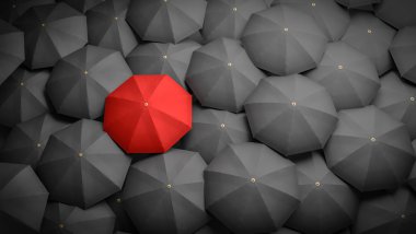 Liderlik ya da ayrım kavramı. Kırmızı şemsiye ve çevresinde birçok siyah şemsiye. 3D render illüstrasyon.