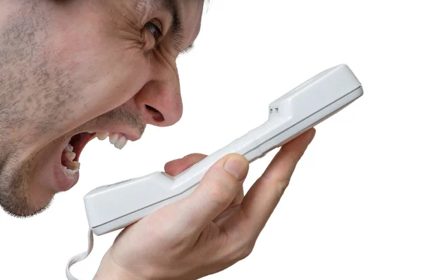 Ο άνθρωπος φωνάζει στο τηλέφωνο. Απομονώνονται σε λευκό φόντο. — Φωτογραφία Αρχείου