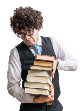 Deli inek öğrenci ile pek çok kitap beyaz arka plan üzerinde izole.