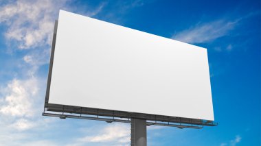Mavi gökyüzü karşı boş beyaz billboard 3D çizimi.