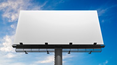 Mavi gökyüzü karşı boş beyaz billboard 3D çizimi.