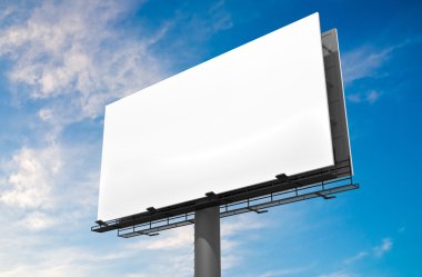 Mavi gökyüzü karşı boş beyaz billboard 3D çizimi.