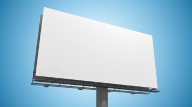 Mavi arka plan üzerinde boş beyaz billboard. 3D render illüstrasyon.