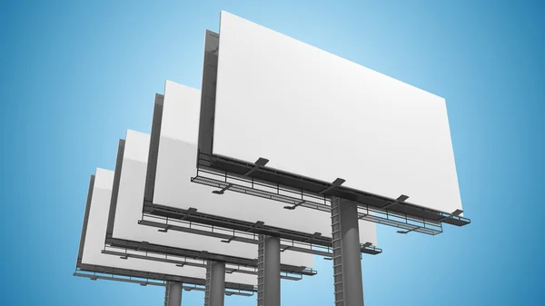 Many blank white billboards on blue background. 3D rendered illustration. — Stock Photo, Image