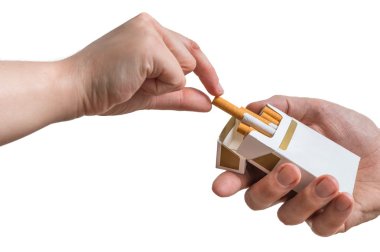 Hand is taking cigarette from cigarette pack an accepting an offer. clipart