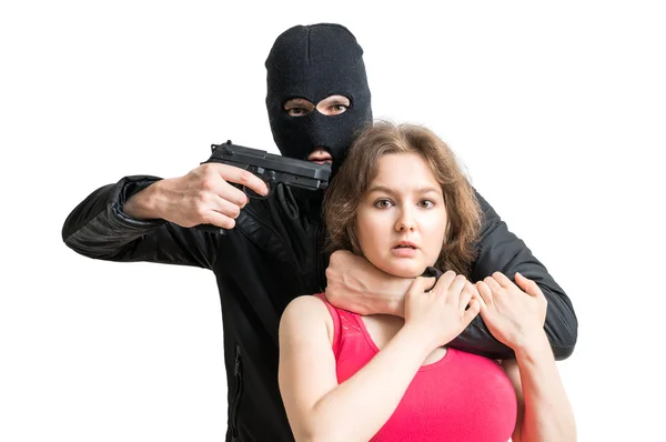 Hostage of terrorist or burglar threatening with gun. Isolated on white background. — Stock Photo, Image