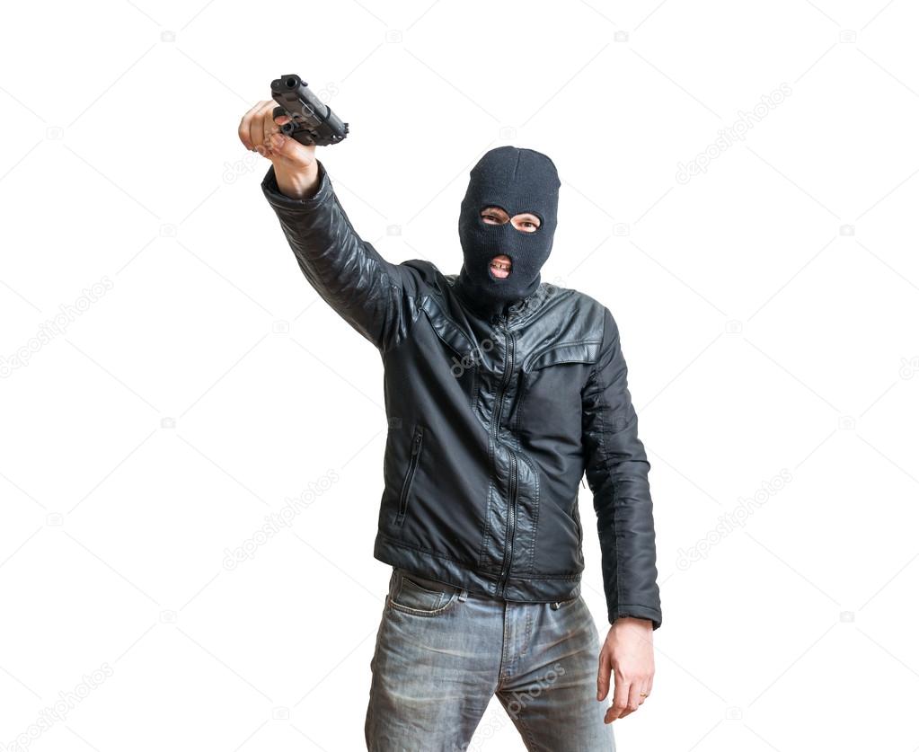 Robber or thief aiming with pistol. Isolated on white background