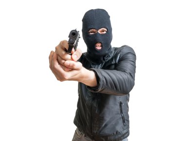 Hırsız ya da soyguncu tabanca ile nişan. Beyaz arka planda yalıtılmış.