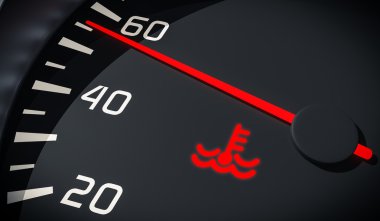 Motor aşırı ısınma kontrolü. Araba panosunda soğutucu uyarı ışığı. 3d işlenmiş illüstrasyon. Görünümü kapat.