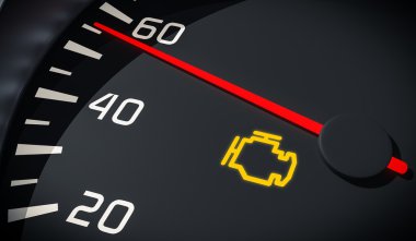 Araba panosunda motor arızası uyarı ışık kontrolü. 3d işlenmiş illüstrasyon. Görünümü kapat.