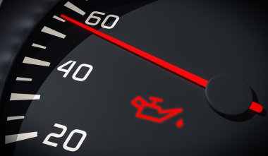 Araba panosunda yağ ve motor arızası uyarı ışık kontrolü. 3d işlenmiş illüstrasyon. Görünümü kapat.