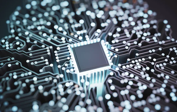 Künstliche Intelligenz Und Quantenkompatibles Konzept Schaltung Mit Glühendem Mikrochip Gerenderte — Stockfoto