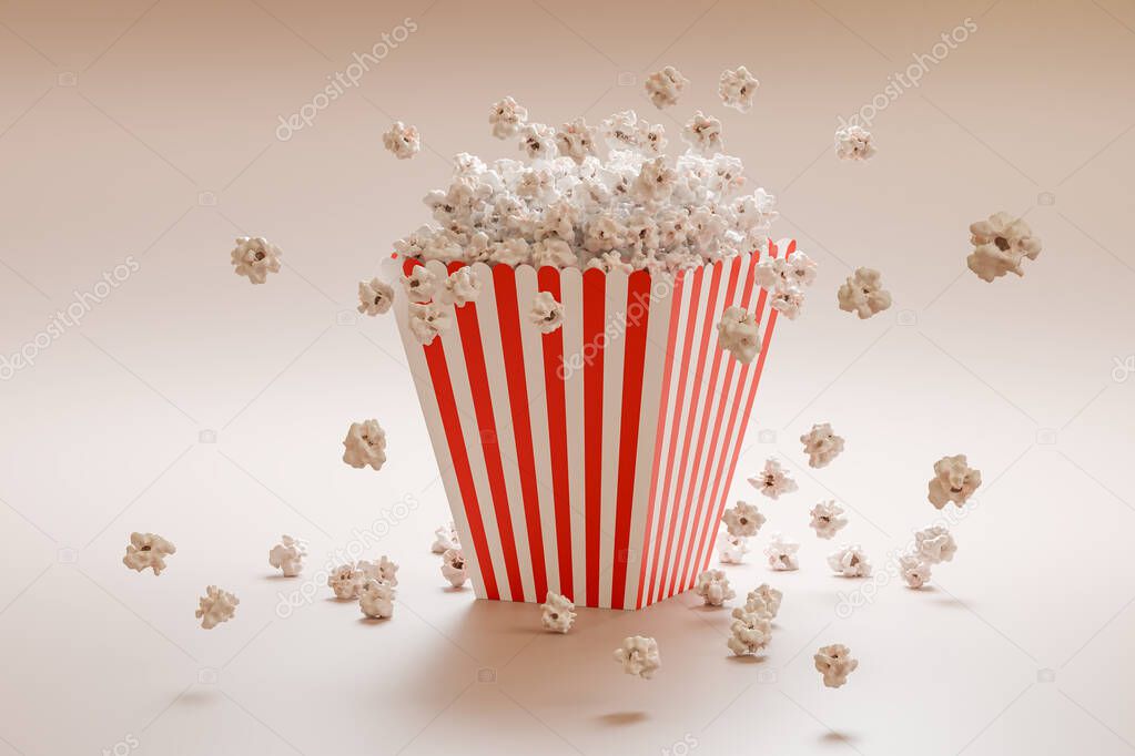 Fluffy popcorn in stripped bucked. 3D rendered illustration.