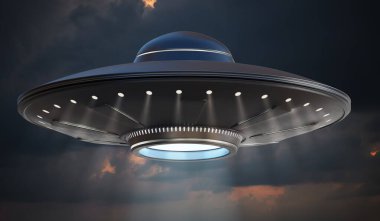 Geceleri UFO uzay gemisi. 3 Boyutlu resimleme.