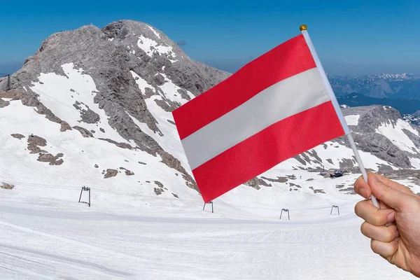 Main Touriste Tient Drapeau Autriche Dans Main Alpes Arrière Plan — Photo